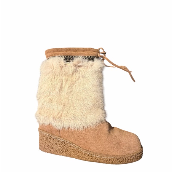 BEARPAW Genuine Sheepskin Suede Rabbit Fur-Trimmed Wedge Boots Women’s 8 - Picture 9 of 11